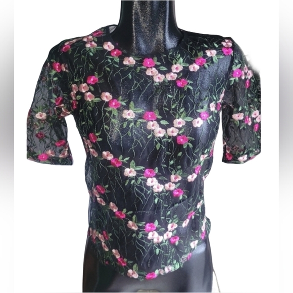 Streetwear Society Tops - Streetwear Society Black Mesh Top with Embroidered Floral Pattern S